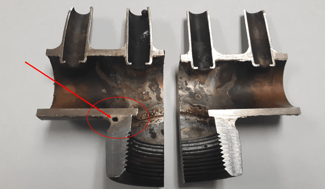 Cutaway showing flux entrapment in a braze joint