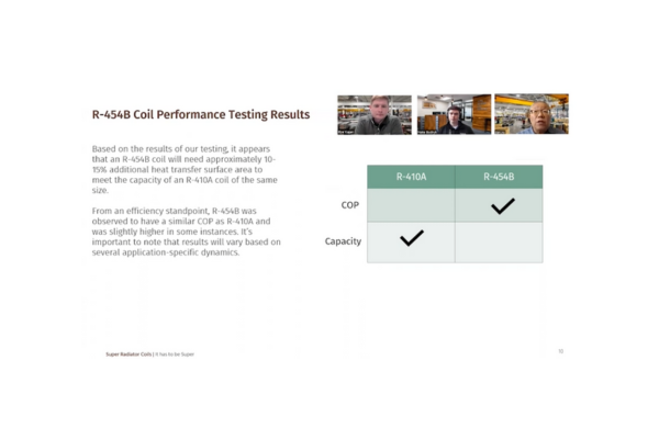 Screen captured image of a webinar presentation with a table comparing properties of two refrigerants