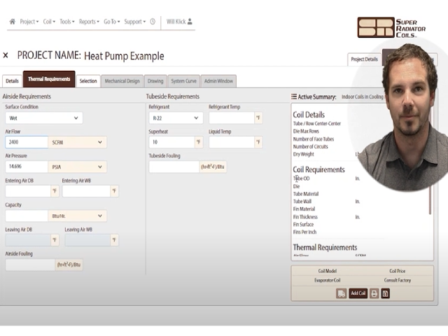 screenshot of engineer entering data into heat exchanger selection software